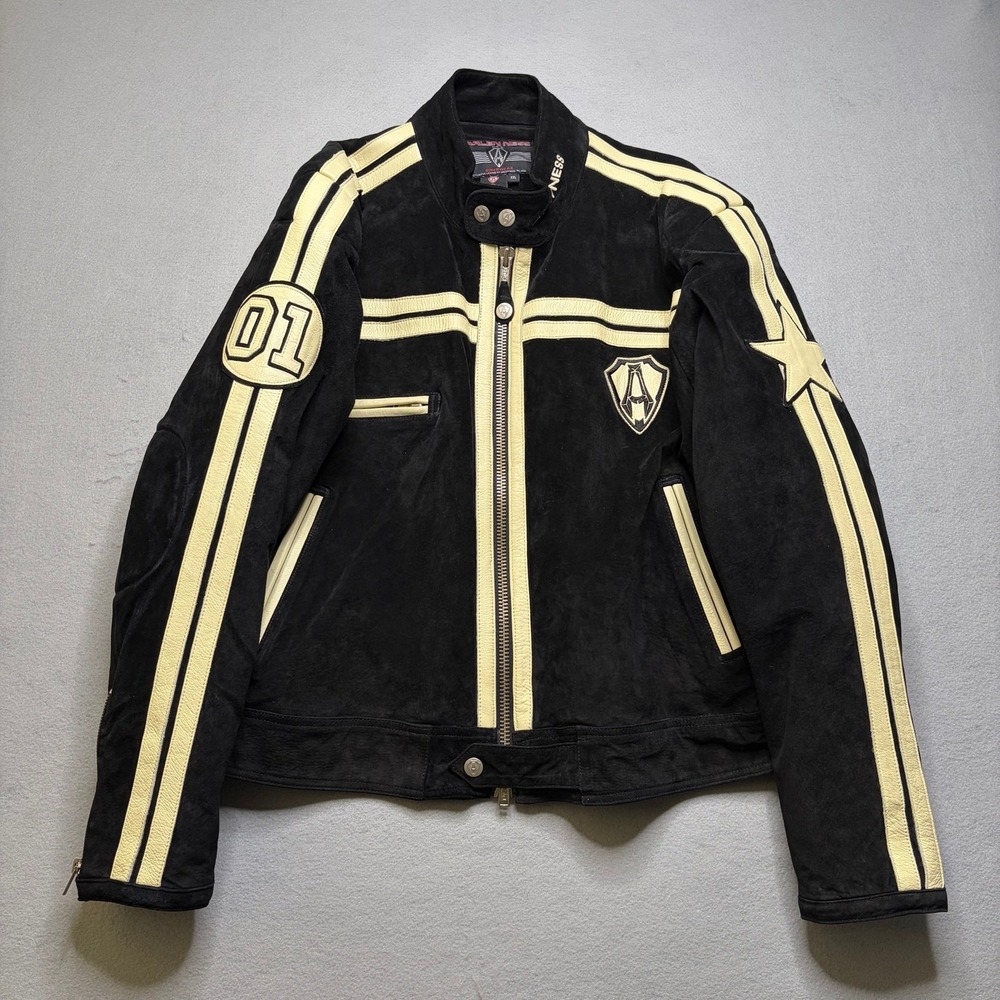 Arlen Ness Bikerwear Jacket Mens XXL Black Suede Leather Racing Stripe Moto‎